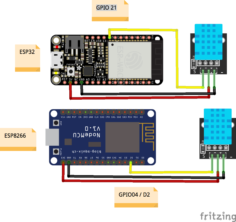 Project schematic using ESP32 and ESP8266